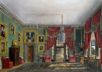 Grøn pavillon, gravering af Daniel Havell (1785-1826), baseret på design af Charles Wild (1781-1835), fra historien om de kongelige boliger