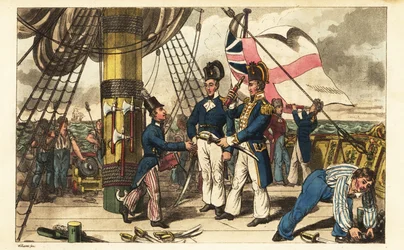 Kaptajn Spring gør Midshipman Newcome til sin medhjælper og rækker ham sit sværd på kvartdækket af HMS Victory