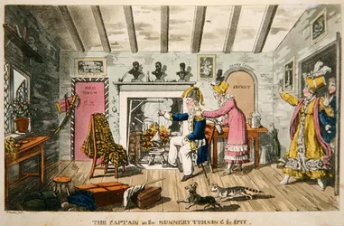 "Kaptajnen i nonneklosteret vender spyttet", plade fra "The Adventures of Johnny Newcome in the Navy" af John Mitford (1782-1831) (akvaratinte i farver)