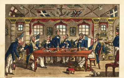 Midshipman Newcome bukker, da han forlader middagen i kaptajnens kahyt, HMS Victory