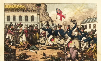 Royal Naval officerer rider grise i sadler gennem markedet i Gibraltar