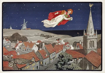 Peter og Wendy flyver fra Peter Pan af J M Barrie (1860 - 1937), Pub.1904 (Color Litho)