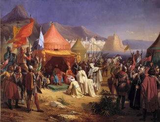Taget fra Tripoli i april 1102 modtog Bertrand de Saint-Gilles (Saint Gilles) (1065-1112) indsendelsen af cadi Fekr el Moulk (Fakhr el-Moulk) maleri af Charles Alexandre (Charles-Alexandre) Debacq (1804-1850) )