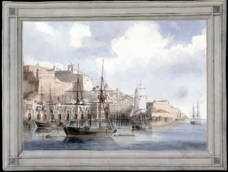 Udsigt over Malta (udsigt på Malta) (Grand Port de la Valette med Fort Sant Angelo) - Maleri af Charles Andrew Dyce (1816-1853), akvarel på papir (25,1x34,9 cm), omkring 1849 - Yale University ( USA)