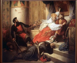 Moderen (Nathalie Narychkine, Natalia Narychkina) (1651-1694) reddede Peter I af Rusland (eller Peter den Store), som barn, under Streltsy-oprøret (strelets) i 1682 (Moderen reddede Peter I som barn under Streltsy-oprøret Opstanden 1682). Malet