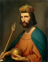 Portræt af Hugo Capet (941-996), konge af Frankrig i 987. Han holder en globus og et scepter i hånden, symboler på magt. Maleri af Charles de Steuben (1788-1856), 19. århundrede. Sol. 0,91 x 0,74 m.