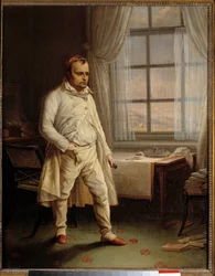 Portræt af Napoleon I (1769-1821) en Sainte Helene i et stykke ved Longwood, der dikterer hans mindesmærker Maleri af Charles Auguste Steuben (1788-1856) 1820 Søn. 0,62 x 0,51 m Ile D