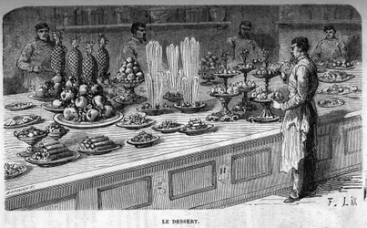 Køkkener fra Palais des Tuileries: Tilberedning af desserter under en reception under det andet imperium. Gravering af Barbant