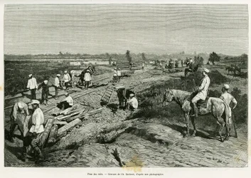 Udlægning af de transkaspiske skinner. Stik af Ch. Barbant for at illustrere historien Voyage a Merv, af Edgar Boulanger, i le tour du monde 1887, instrueret af Edouard Charton (1807-1890), Hachette, Paris.