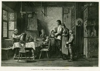 Den velsignede. Barbant-gravering efter et maleri af Brion, for at illustrere historien A Through Alsace and Lorraine, af Charles Grad, tysk deputeret, i 1884, i tour du monde 1886, instrueret af Edouard Charton (1807-1890), Hachette, Paris.