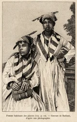 Kvinder, der bor i udgravninger, mineralforekomster. Barbant har graveret et stik til illustration af historien "chez nos indiens, quatre annees de voyage dans la Guiane francaise".