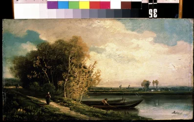 ""La berge"" (Kysten) Landskab langs floden med en fisker og en bondekone. Maleri af Charles Barthelemy Jean Durupt (1804-1838) Mikhail Kroshitsky kunstmuseum fra det 19. århundrede, Sevastopol (Sevastopol) Ukraine