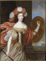 Olympe Mancini, grevinde af Soissons som Athena - Portræt af Olympia Mancini (1638-1708), grevinde af Soissons som Athena, af Beaubrun, Charles (1604-1692). Olie på lærred. Mål: 130x99 cm. Nationalmuseum Stockholm