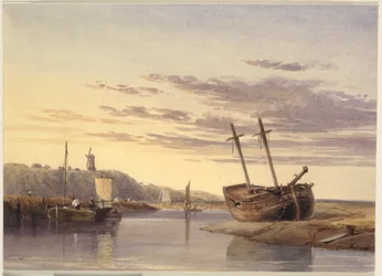 Fiskerbåde i Rye Havn, med en vindmølle i det fjerne