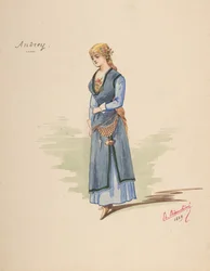 Kostumedesign til Andrey [a], Beskrivende ark med tilbehør [b], 1889.