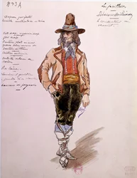 Kuskens kostume til operaen "" Paillasse"" (pagliacci, klovne) af Ruggero Leoncavallo (1857-1919) fra 1892. Akvarel af Charles Bianchini (1860-1905)