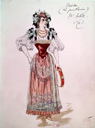 Nedda eller Colombine kostume til operaen "" Paillasse "" (klovne, klovne) af Ruggero Leoncavallo (1857-1919) fra 1892. Akvarel af Charles Bianchini (1860-1905)