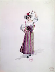 Ung kvindekostume (Nedda eller Colombine?) til operaen "" Paillasse"" (de pagliacci, klovne) af Ruggero Leoncavallo (1857-1919) fra 1892. Akvarel af Charles Bianchini (1860-1905)