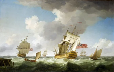 Et handelsskib fra British East India Company i stærk vind, tæt på molen, som det netop har forladt. Olie på lærred, omkring 1750, af Charles Brooking (1723-1759).