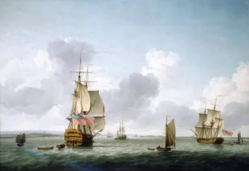 Et skib med to dæk og en fregat på vej op ad Themsen (England) ud for Gravesend. Olie på lærred af Charles Brooking (1723-1759).