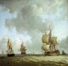 Skibe fra den britiske flåde blæser i havvinden. Olie på lærred, omkring 1750, af Charles Brooking (1723-1759).