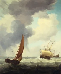Hollandske handelsskibe og en kysthandler i Choppy Seas (olie på lærred)