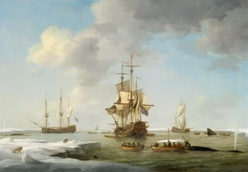 Grønlandsk fiskeri: Engelske hvalfangere i isen, ca. 1750 (olie på lærred)