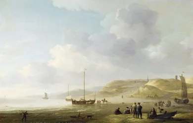 Kysten nær Scheveningen med Fishing Pinks on the Shore (olie på lærred)