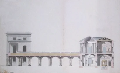 Tværsnit af Agat-pavillonen og den hængende have ved Tsarskoye Selo, ca. 1780 (pen og blæk med wc på papir)