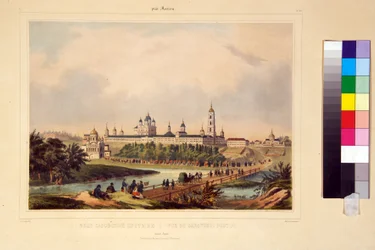 Udsigt over Sarov-klosteret. Seraferklosteret (Seraphim) af Sarov (1759-1833), en ortodoks helgen. Værk af Charles Claude Bachelier (første halvdel af det 19. århundrede), indgravering farvet i akvarel, begyndelsen af ​​det 19. århundrede. Kunst