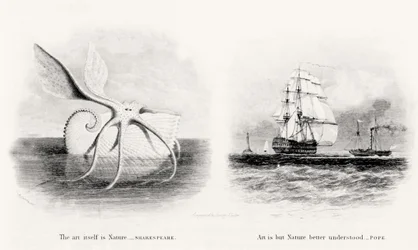En kæmpe blæksprutte og to skibe til søs, indgraveret af George Cooke (1781-1834)
