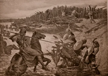 Cæsar krydser Themsen, illustration fra »Hutchinsons fortælling om den britiske nation«, ca. 1920