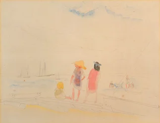 To kvinder og barn på stranden (wc og blyant på papir)