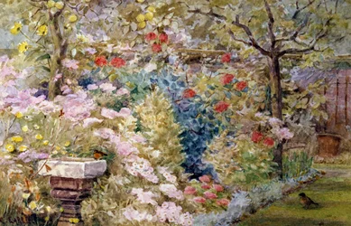 En sommerhave. Sommerhave med fugle, blomster og springvand. Maleri af Charles Earle (1832-1893, britisk) Privat samling