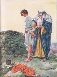 Skal Isak dø? illustration fra Through the Bible, Virtue Publishing, 1928