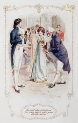 Sir William Lucas: »Hr. Darcy, De må tillade mig at præsentere denne unge dame for Dem som en meget ønskværdig dansepartner (Elizabeth Bennet),« illustration til Jane Austens »Stolthed og fordom«