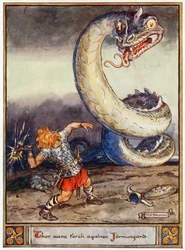 «Thor drog ud mod Jormungand», illustration fra «The Heroes of Asgard, Tales from Scandinavian Mythology», af A. og E. Keary, 1930