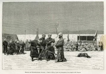 Øvelser med at manipulere Taifourchi bolværksrifler, tropper bevæbnet og trænet af det kinesiske militær, tegning af Delort, for at illustrere minderne om en engelsk ambassade i Kachgar (eller Kashi, Kina) i 1873-74 af Mr. Chapman og Gordon. Indgravering i