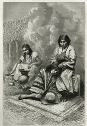 Dets mors fordærvelse af et barn og fremstilling af stok eau de vie (rom), nær Cali (Cauca Valley, Colombia), gravering af Ch.Delort, for at illustrere historien om Equinoxiale America af E.Andre, en missionsopgave af den franske regering, offentliggjort