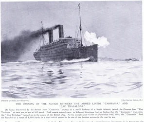 Åbningsaktionen mellem de bevæbnede linjeskibe Carmania og Cap Trafalgar, Sydatlanten, september 1915