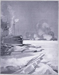 Vladivostok eskadrille tvinger sig gennem isen ud af Vladivostok havn, illustration fra Cassells History of the Russo-Japanese War Vol 1, c.1900