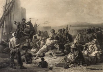 "Scene på Afrikas kyst": Slaver og slaveejere venter på transport til udlandet.