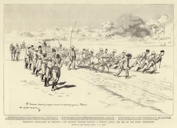 Transportvanskeligheder i Rhodesia, de syvende husarer trækker en vogn over Umzingwane-flodens leje