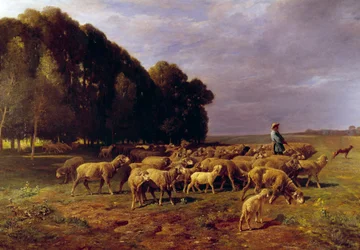 Fjord af får i et landskab eller "" Hyrde driver en flok får i sletten"" Maleri af Charles Jacque (1813-1894) 1800-tallet søn. 1,76x2,8 m
