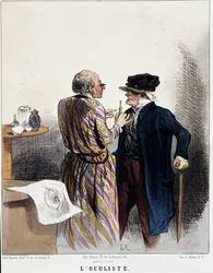 Serien "syge og læger"": okulisten. Tegneserie af en læge under en lægekonsultation af en patient for hans øjne. Gravering af Charles Jacques