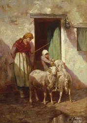 Hyrdinde med et barn og to får