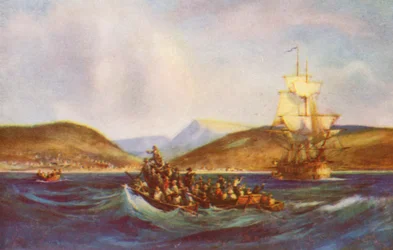 Nybyggerne fra "1820" ankommer til Algoa Bay (farvelitografi)