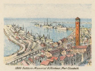 Sydafrika: 1820 Settlers Memorial and Harbour, Port Elizabeth (farvelitografi)