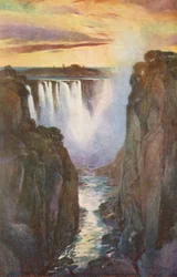 Victoria Falls, hovedfaldet set gennem kløften (farvelitografi)