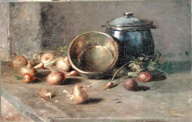 Stilleben (crock, kedel og løg) (olie på lærred)